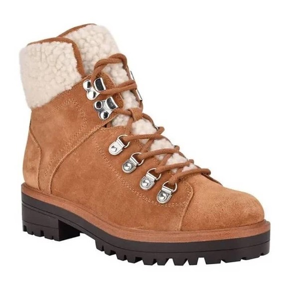 Marc Fisher Isalia Suede Lace Up Shearling Combat Boots Brown Tan 10 - Picture 1 of 8